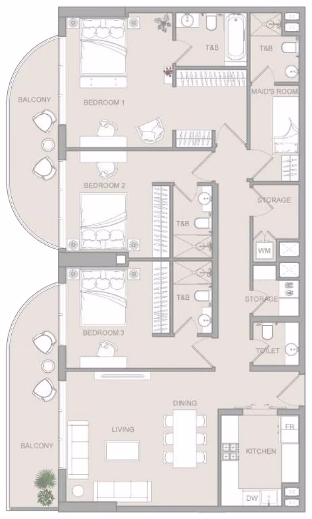 תוכנית 3 חדרי שינה · Pro Type B ב־נדל"ן להשקעה Object One V1stara House, באזור Al Furjan, דובאי
