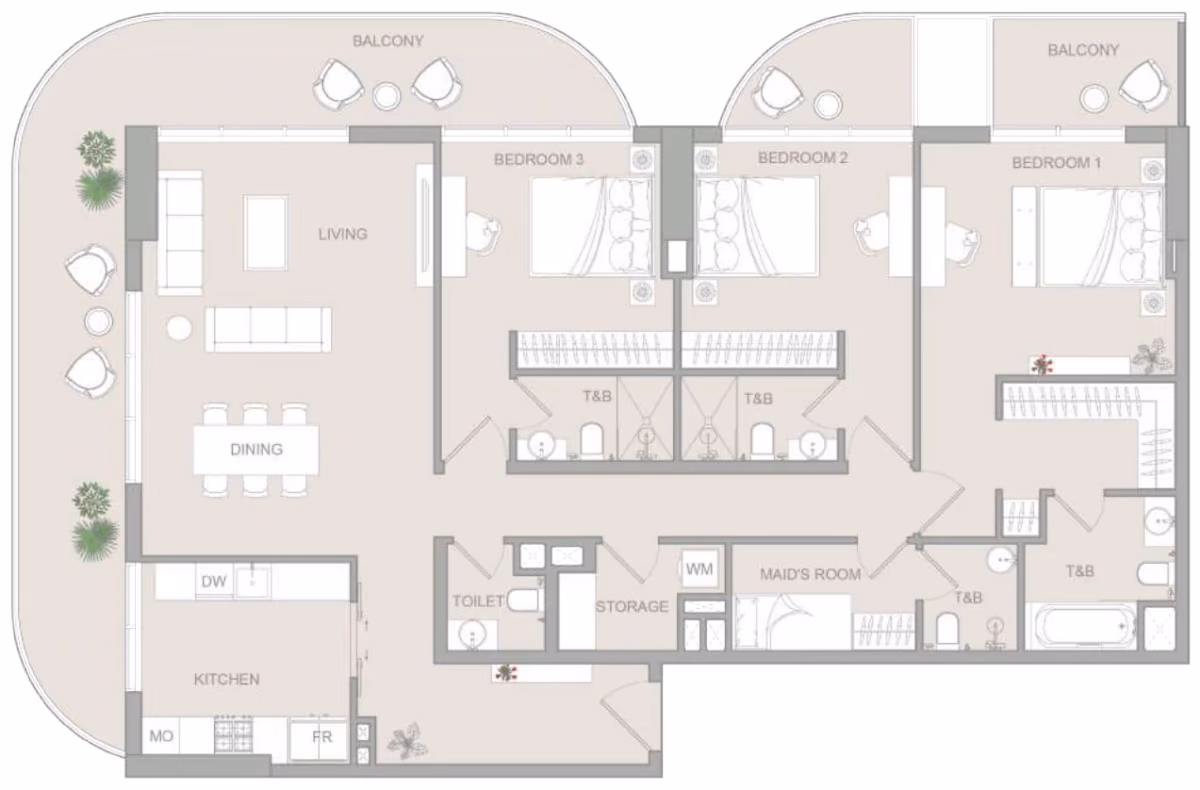 תוכנית 3 חדרי שינה · Pro Type C ב־נדל"ן להשקעה Object One V1stara House, באזור Al Furjan, דובאי