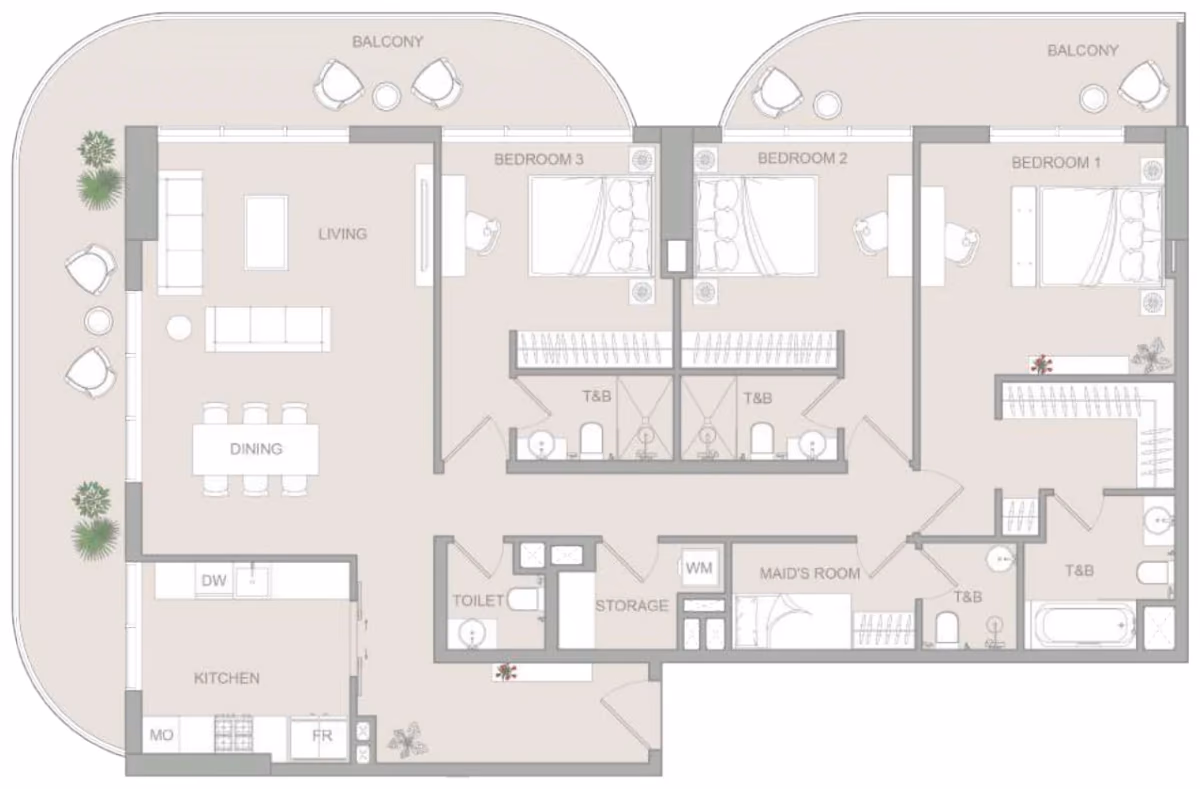 תוכנית 3 חדרי שינה · Pro Type E ב־נדל"ן להשקעה Object One V1stara House, באזור Al Furjan, דובאי