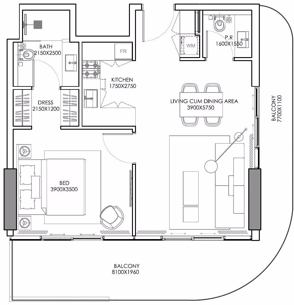 תוכנית חדר שינה אחד · Type 1A ב־נדל"ן להשקעה Condor Sonate Residences, באזור JVT, דובאי