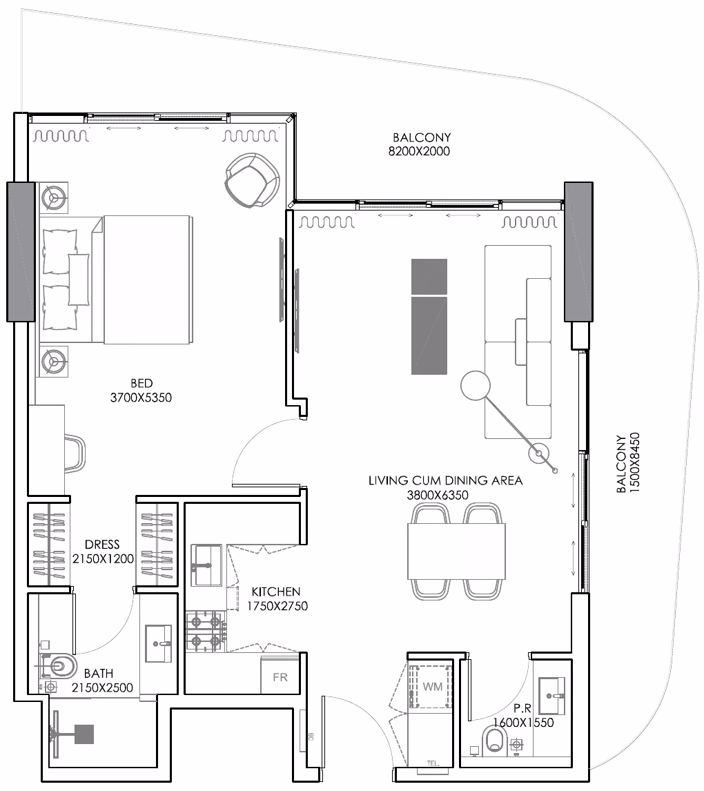 תוכנית חדר שינה אחד · Type 2A ב־נדל"ן להשקעה Condor Sonate Residences, באזור JVT, דובאי