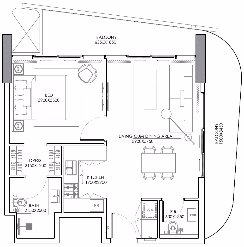 תוכנית חדר שינה אחד · Type A ב־נדל"ן להשקעה Condor Sonate Residences, באזור JVT, דובאי