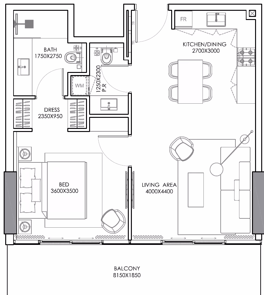 תוכנית חדר שינה אחד · Type B ב־נדל"ן להשקעה Condor Sonate Residences, באזור JVT, דובאי