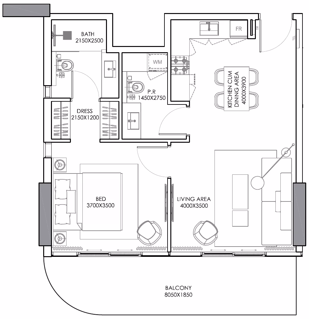 תוכנית חדר שינה אחד · Type C ב־נדל"ן להשקעה Condor Sonate Residences, באזור JVT, דובאי