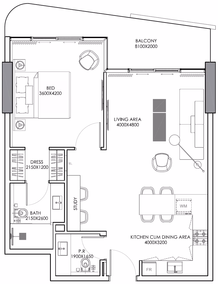 תוכנית חדר שינה אחד · Type D ב־נדל"ן להשקעה Condor Sonate Residences, באזור JVT, דובאי