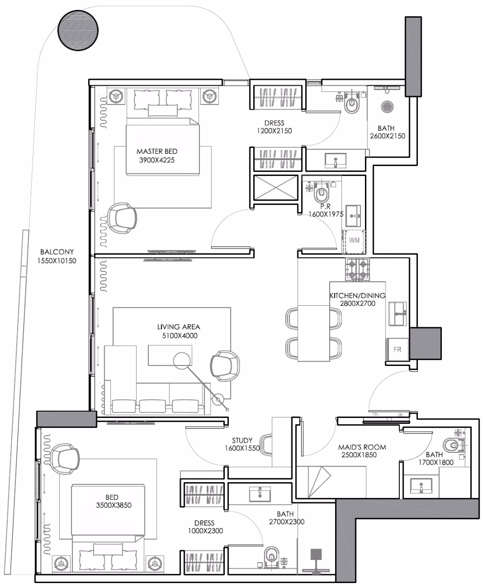 תוכנית 2 חדרי שינה · Type 1A ב־נדל"ן להשקעה Condor Sonate Residences, באזור JVT, דובאי
