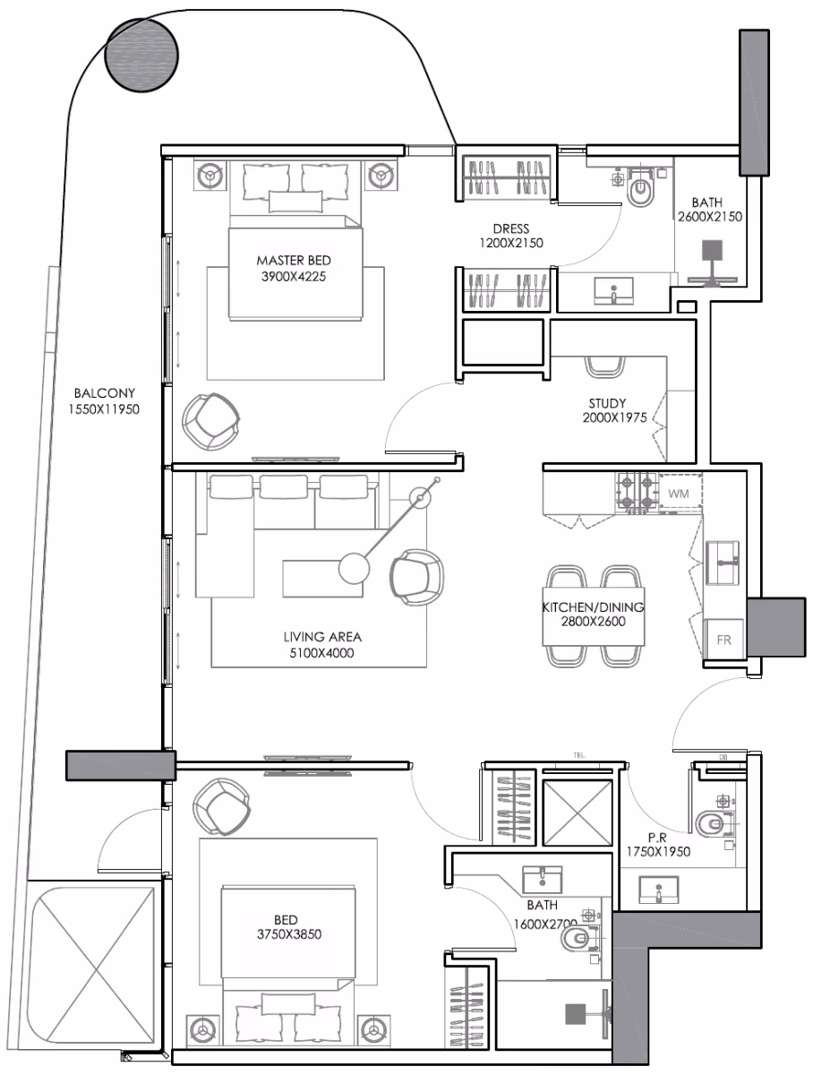 תוכנית 2 חדרי שינה · Type A ב־נדל"ן להשקעה Condor Sonate Residences, באזור JVT, דובאי