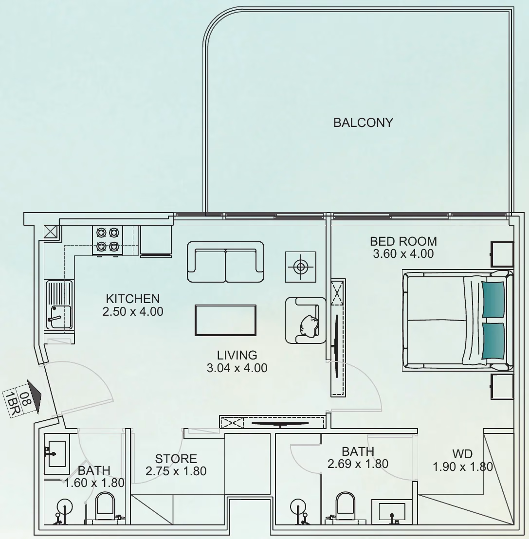 תוכנית חדר שינה אחד · 1 BHK Type B ב־נדל"ן להשקעה Floarea Breeze, באזור Dubai Islands, דובאי