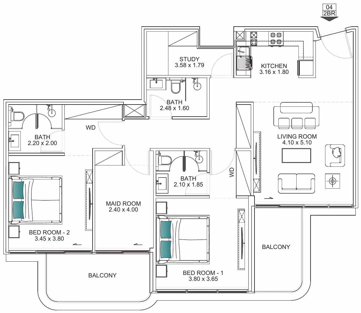 תוכנית 2 חדרי שינה · 2 BHK Type A ב־נדל"ן להשקעה Floarea Breeze, באזור Dubai Islands, דובאי