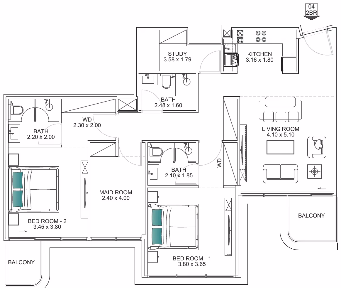 תוכנית 2 חדרי שינה · 2 BHK Type A1 ב־נדל"ן להשקעה Floarea Breeze, באזור Dubai Islands, דובאי