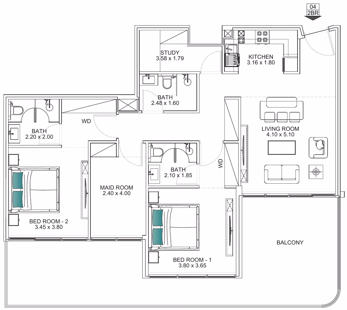 תוכנית 2 חדרי שינה · 2 BHK Type A2 ב־נדל"ן להשקעה Floarea Breeze, באזור Dubai Islands, דובאי