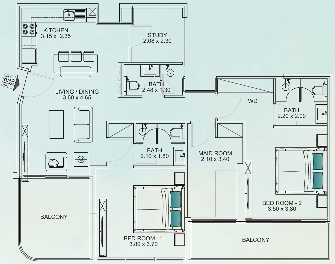 תוכנית 2 חדרי שינה · 2 BHK Type B ב־נדל"ן להשקעה Floarea Breeze, באזור Dubai Islands, דובאי