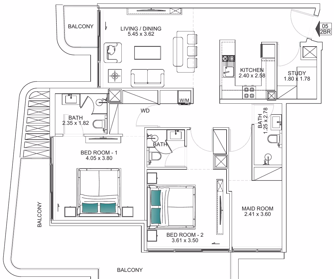 תוכנית 2 חדרי שינה · 2 BHK Type C ב־נדל"ן להשקעה Floarea Breeze, באזור Dubai Islands, דובאי