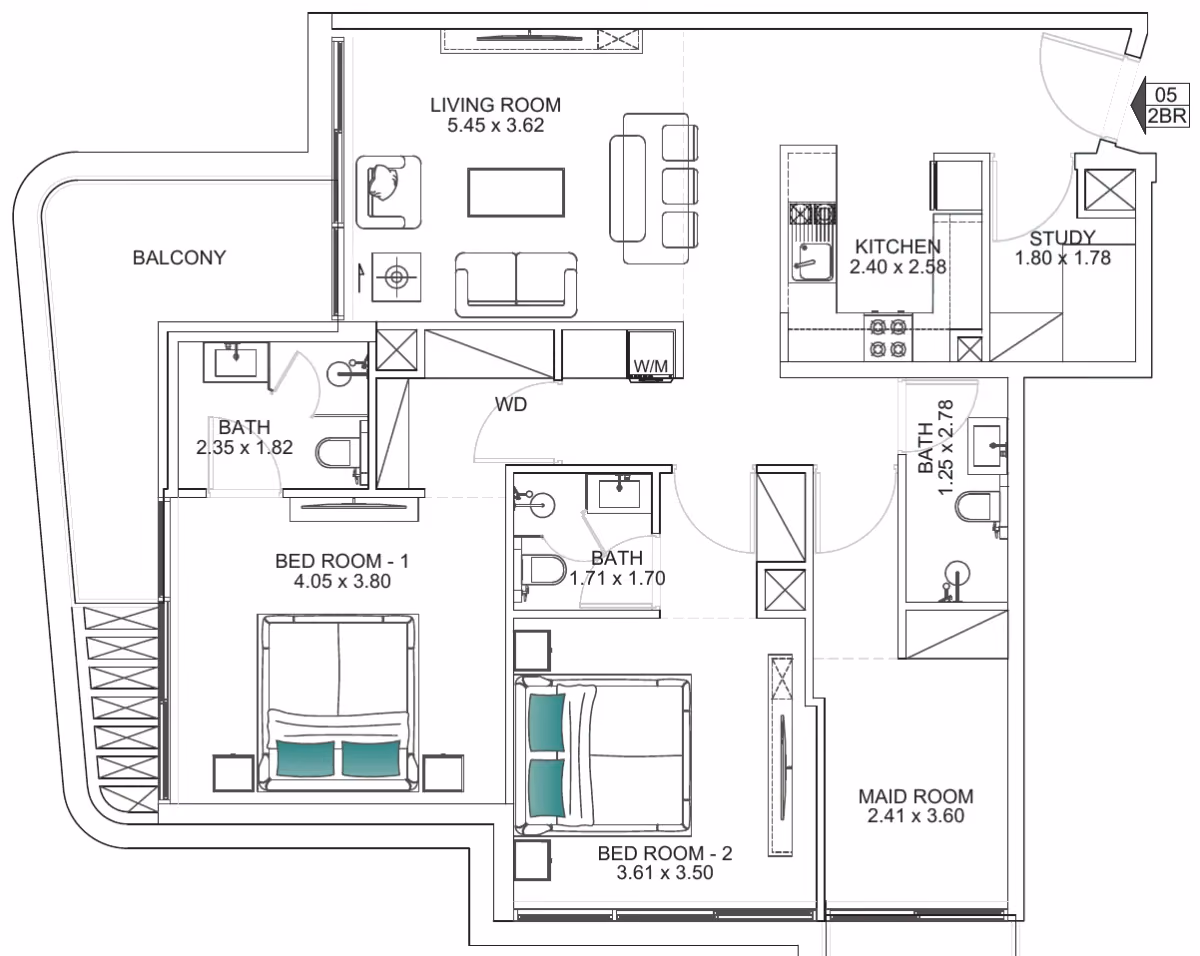 תוכנית 2 חדרי שינה · 2 BHK Type C1 ב־נדל"ן להשקעה Floarea Breeze, באזור Dubai Islands, דובאי