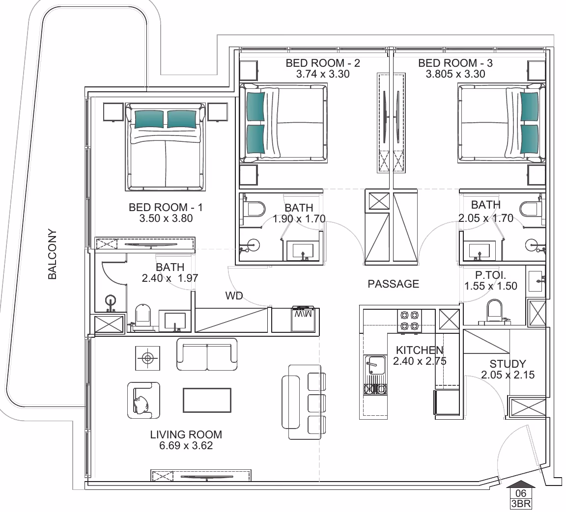 תוכנית 3 חדרי שינה · 3 BHK Type A ב־נדל"ן להשקעה Floarea Breeze, באזור Dubai Islands, דובאי