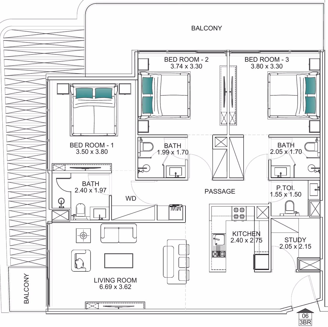 תוכנית 3 חדרי שינה · 3 BHK Type A1 ב־נדל"ן להשקעה Floarea Breeze, באזור Dubai Islands, דובאי