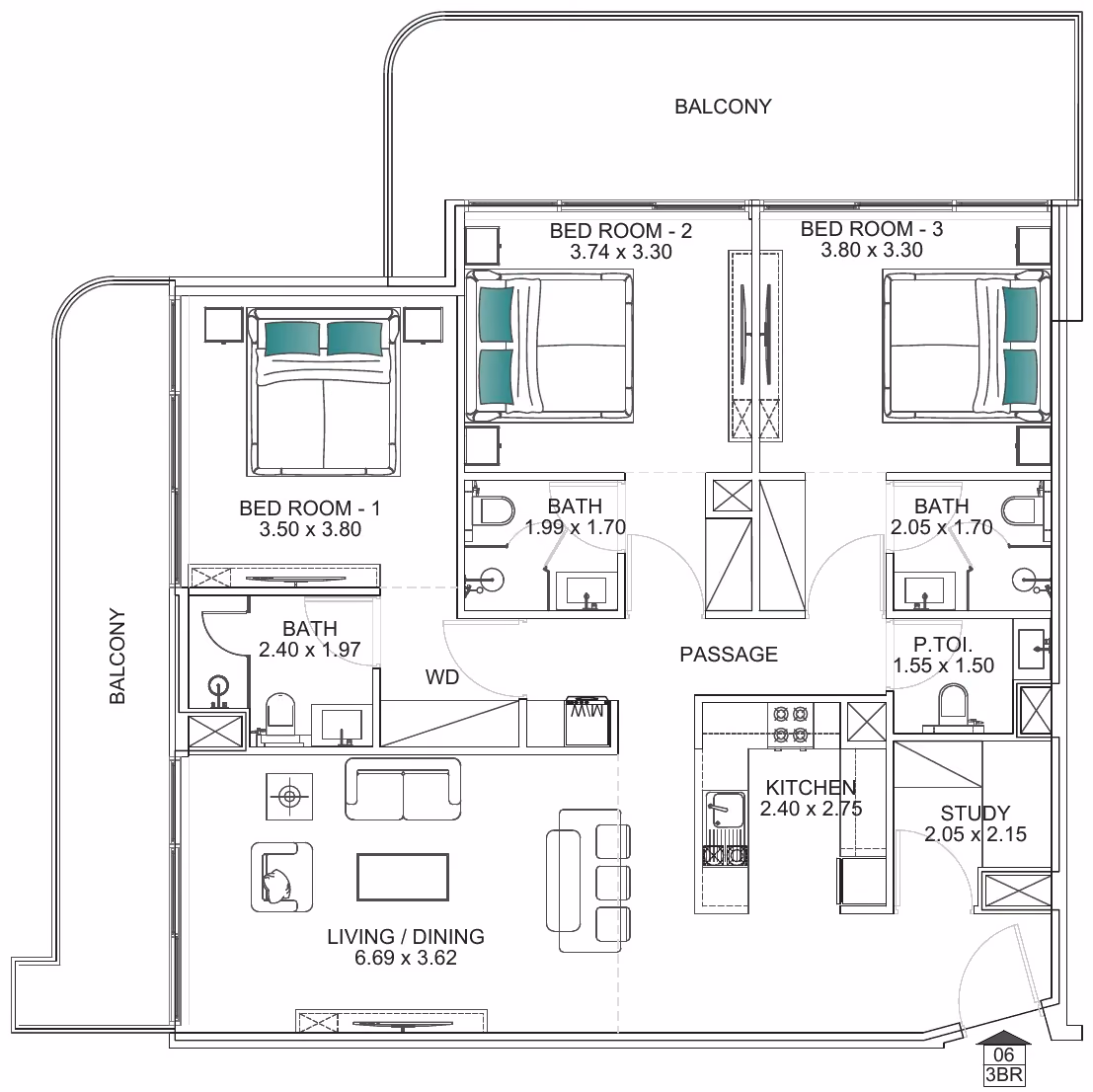 תוכנית 3 חדרי שינה · 3 BHK Type A2 ב־נדל"ן להשקעה Floarea Breeze, באזור Dubai Islands, דובאי
