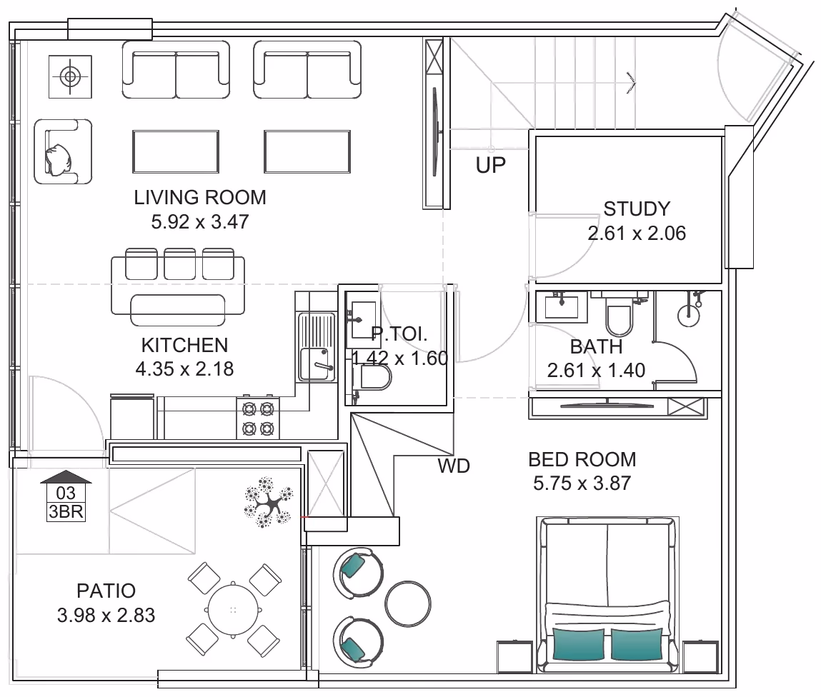 תוכנית 3 חדרי שינה · טאון האוס · Townhouse 3BHK Type C ב־נדל"ן להשקעה Floarea Breeze, באזור Dubai Islands, דובאי (קומת קרקע)