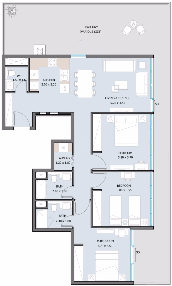 תוכנית 3 חדרי שינה · Type E - 6th Floor ב־נדל"ן להשקעה Reportage SILA, באזור Masdar City, Abu Dhabi