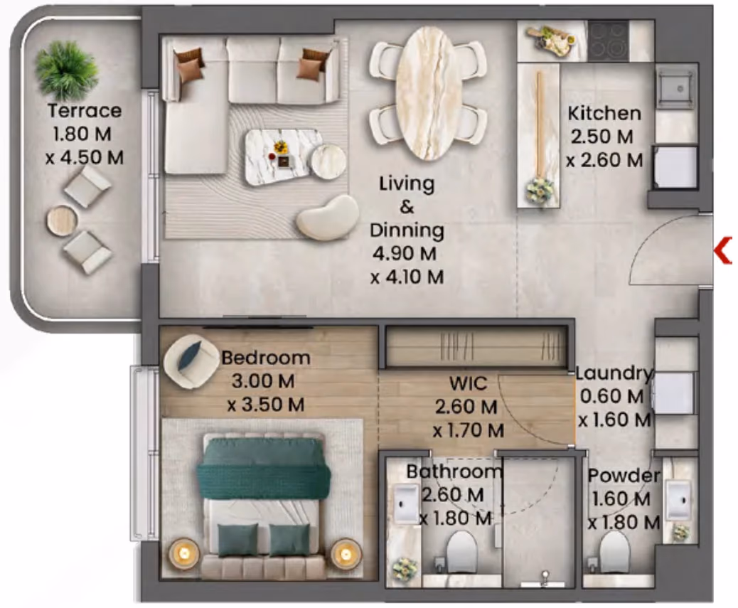 תוכנית חדר שינה אחד · 1 Bedroom Type A ב־נדל"ן להשקעה Talea by Beyond , באזור Maritime City, דובאי