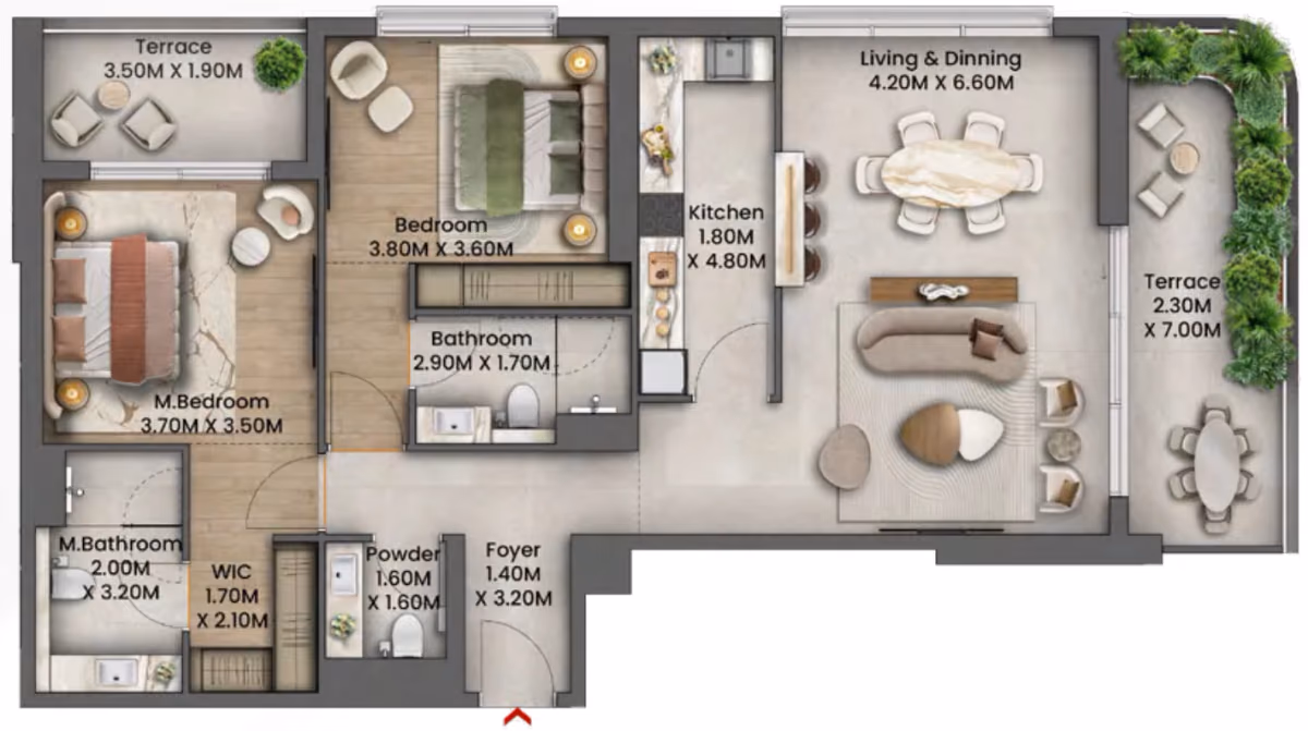 תוכנית 2 חדרי שינה · 2 Bedroom Type A ב־נדל"ן להשקעה Talea by Beyond , באזור Maritime City, דובאי