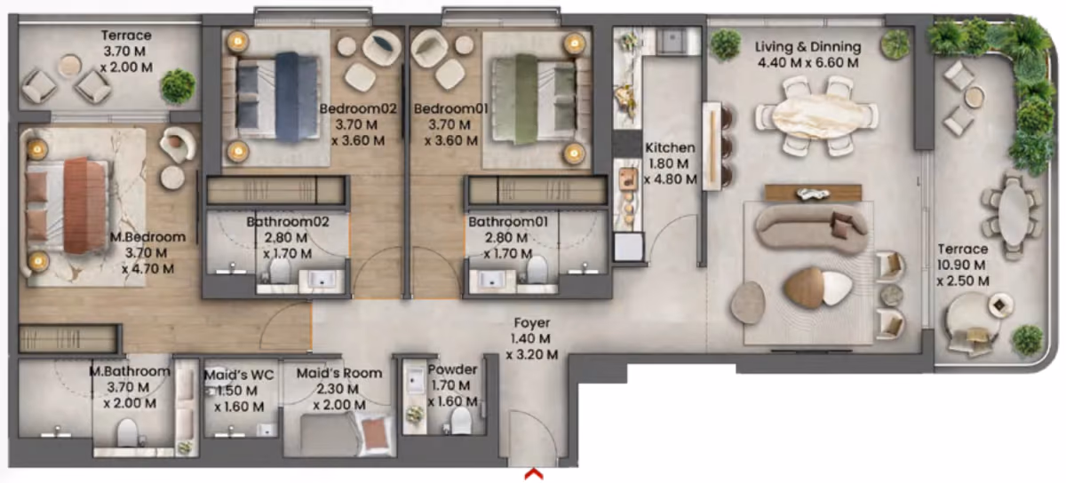 תוכנית 3 חדרי שינה · 3 Bedroom Type A ב־נדל"ן להשקעה Talea by Beyond , באזור Maritime City, דובאי