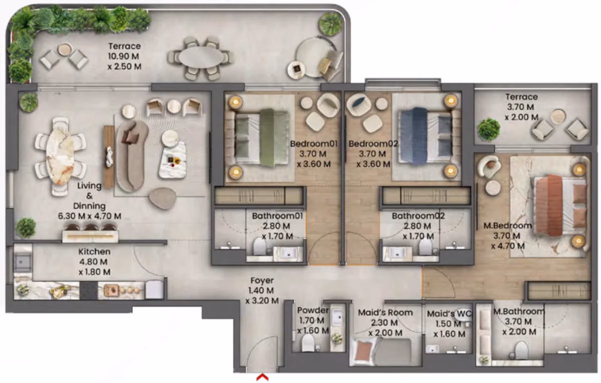 תוכנית 3 חדרי שינה · 3 Bedroom Type B ב־נדל"ן להשקעה Talea by Beyond , באזור Maritime City, דובאי
