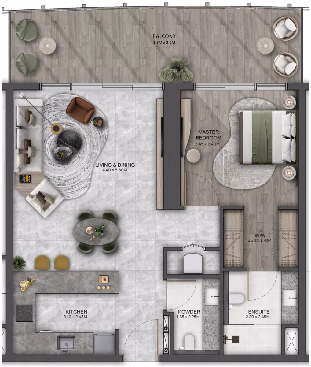 תוכנית חדר שינה אחד · 1 Bedroom Type A ב־נדל"ן להשקעה Beyond Kanyon, באזור Maritime City, דובאי