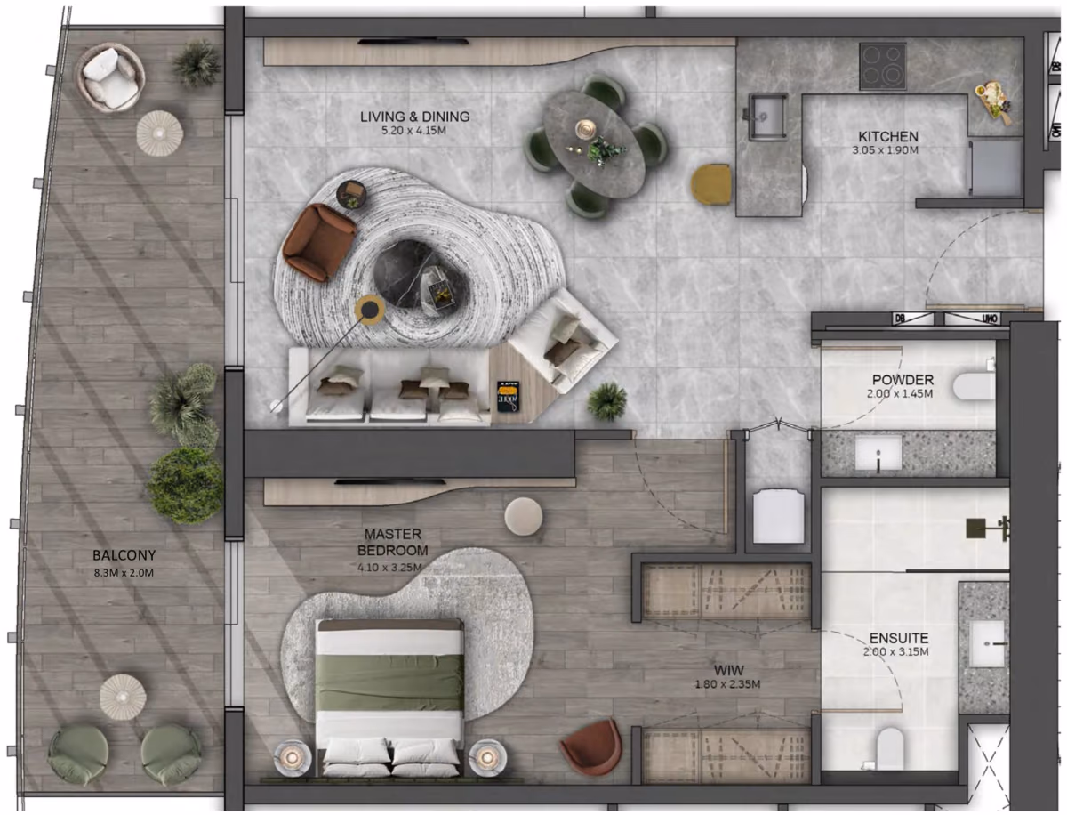 תוכנית חדר שינה אחד · 1 Bedroom Type B ב־נדל"ן להשקעה Beyond Kanyon, באזור Maritime City, דובאי