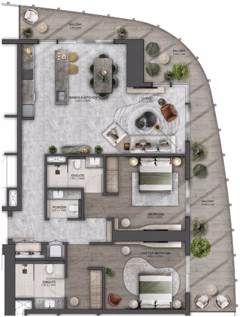 תוכנית 2 חדרי שינה · 2 Bedroom Type A ב־נדל"ן להשקעה Beyond Kanyon, באזור Maritime City, דובאי
