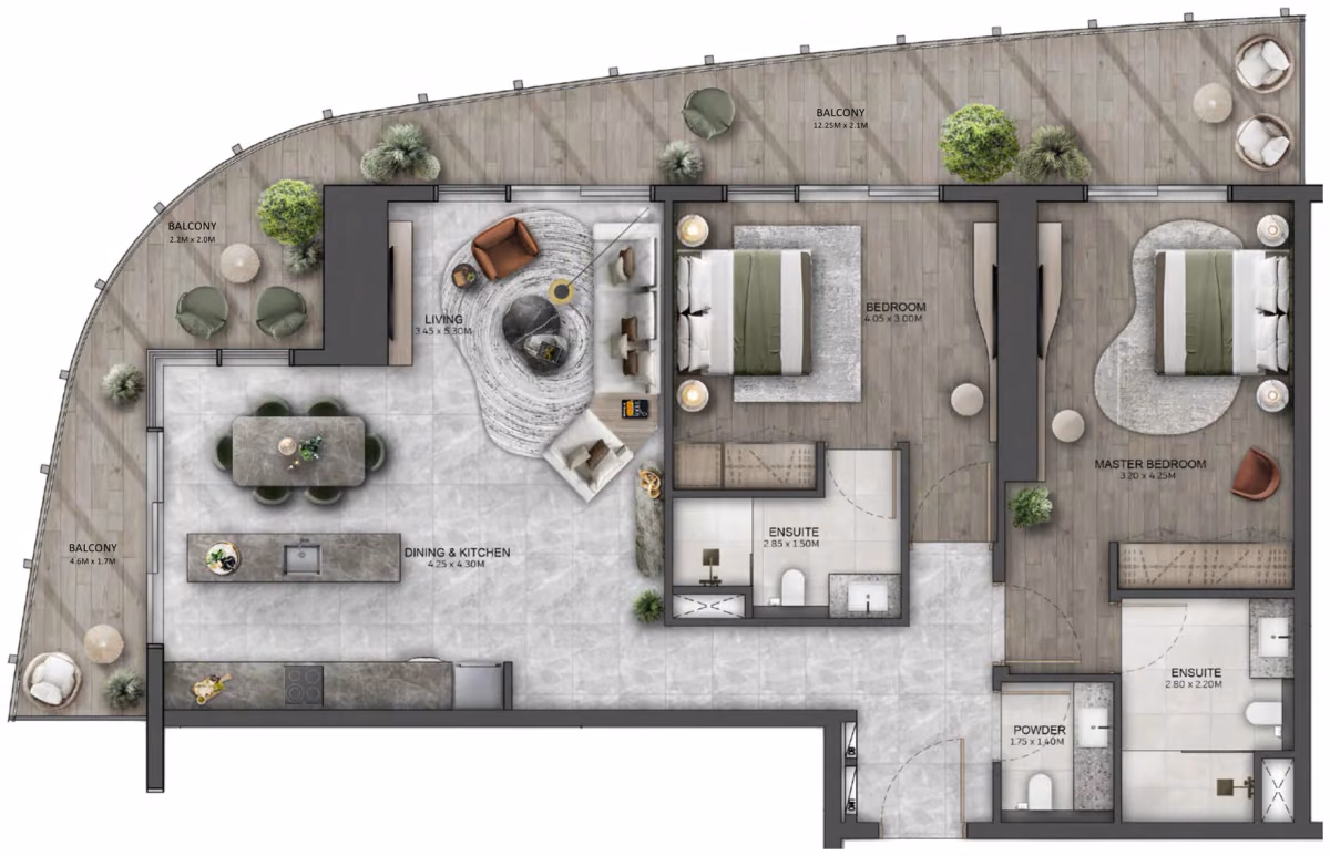 תוכנית 2 חדרי שינה · 2 Bedroom Type B ב־נדל"ן להשקעה Beyond Kanyon, באזור Maritime City, דובאי
