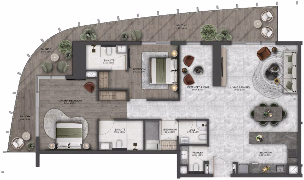 תוכנית 2 חדרי שינה · 2 Bedroom Type C ב־נדל"ן להשקעה Beyond Kanyon, באזור Maritime City, דובאי