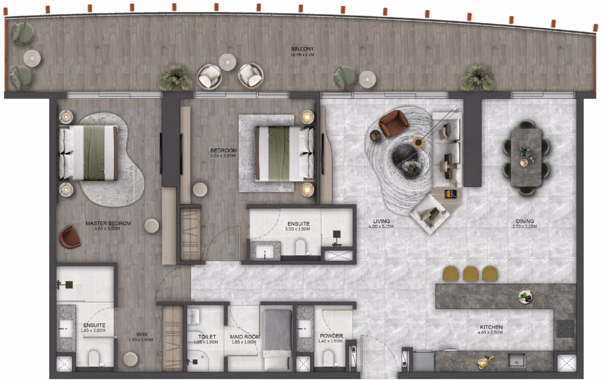 תוכנית 2 חדרי שינה · 2 Bedroom Type D ב־נדל"ן להשקעה Beyond Kanyon, באזור Maritime City, דובאי