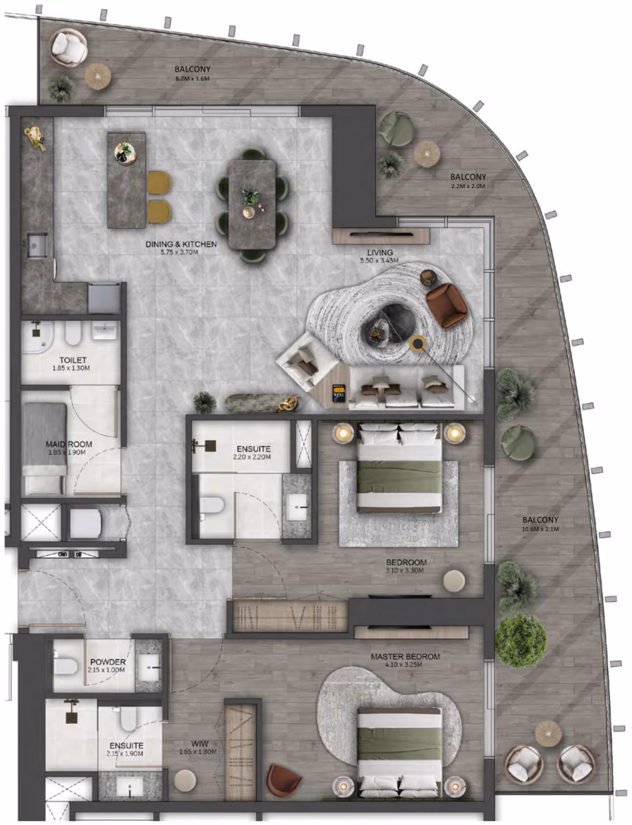 תוכנית 2 חדרי שינה · 2 Bedroom Type E ב־נדל"ן להשקעה Beyond Kanyon, באזור Maritime City, דובאי
