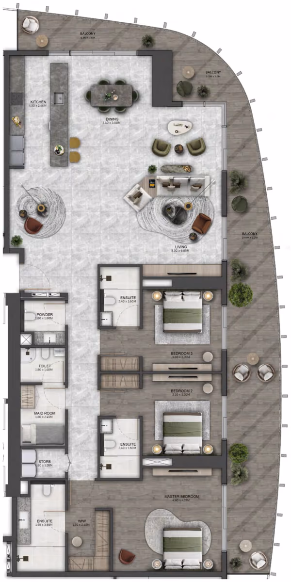 תוכנית 3 חדרי שינה · 3 Bedroom Type A ב־נדל"ן להשקעה Beyond Kanyon, באזור Maritime City, דובאי