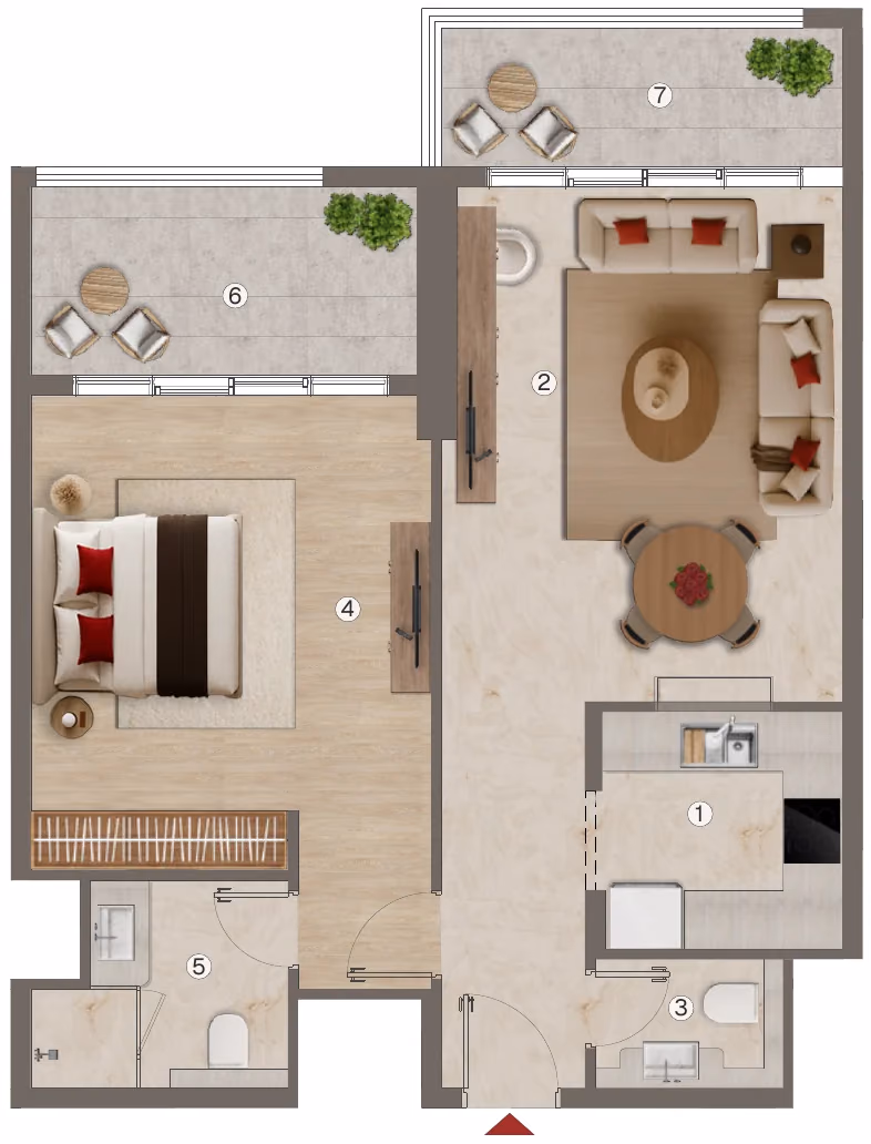 תוכנית חדר שינה אחד · 1 BHK - Type 1 ב־נדל"ן להשקעה BnW Ramada Residences, באזור Al Jaddaf, דובאי