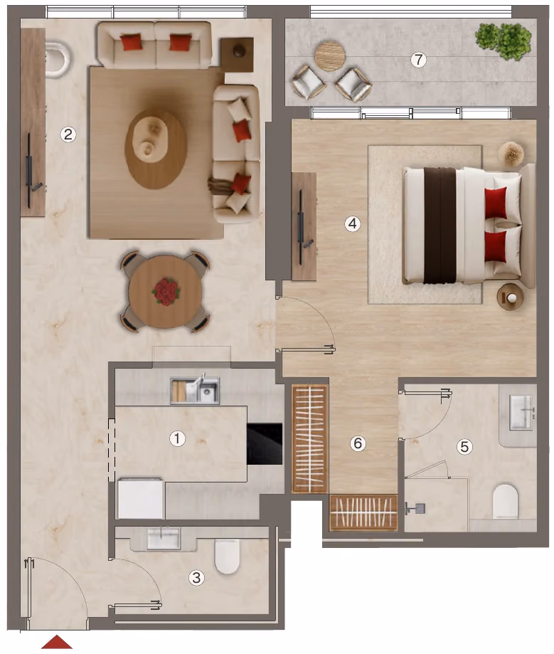 תוכנית חדר שינה אחד · 1 BHK - Type 2 ב־נדל"ן להשקעה BnW Ramada Residences, באזור Al Jaddaf, דובאי