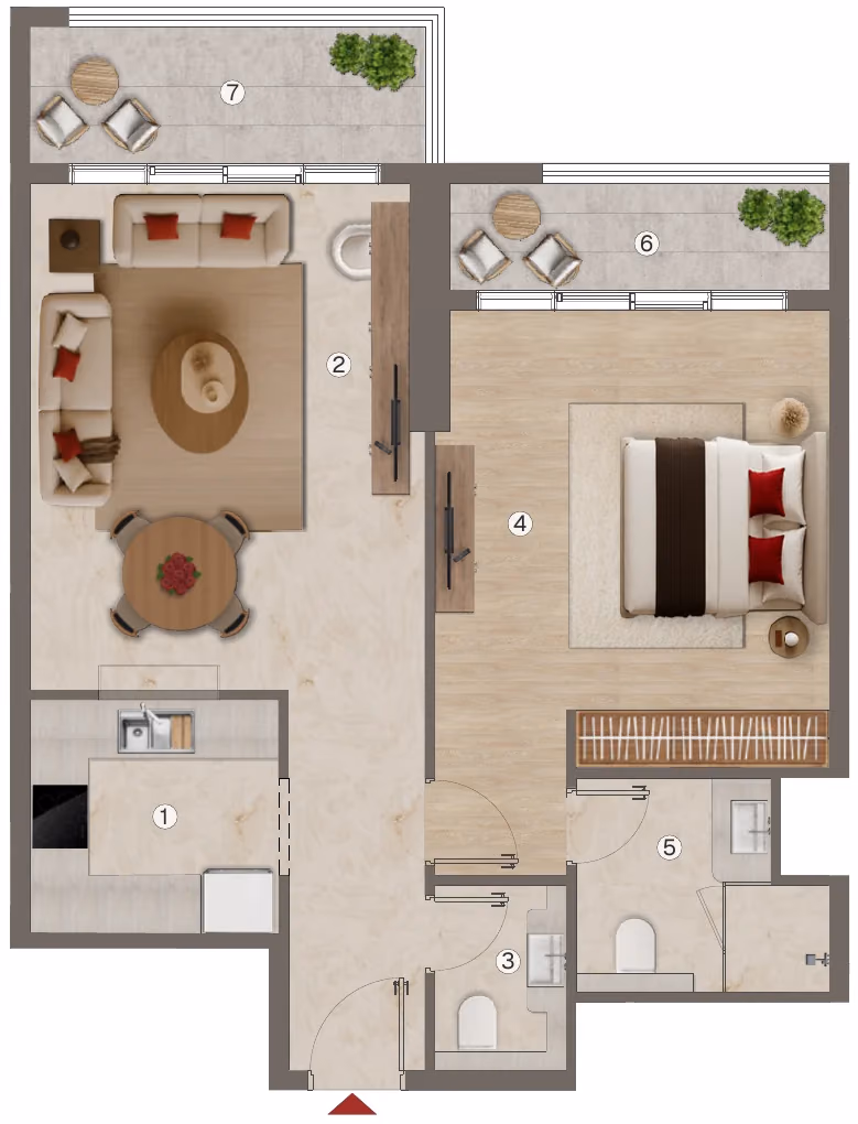 תוכנית חדר שינה אחד · 1 BHK - Type 3 ב־נדל"ן להשקעה BnW Ramada Residences, באזור Al Jaddaf, דובאי