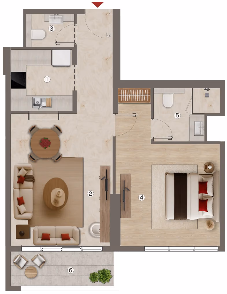 תוכנית חדר שינה אחד · 1 BHK - Type 4 ב־נדל"ן להשקעה BnW Ramada Residences, באזור Al Jaddaf, דובאי