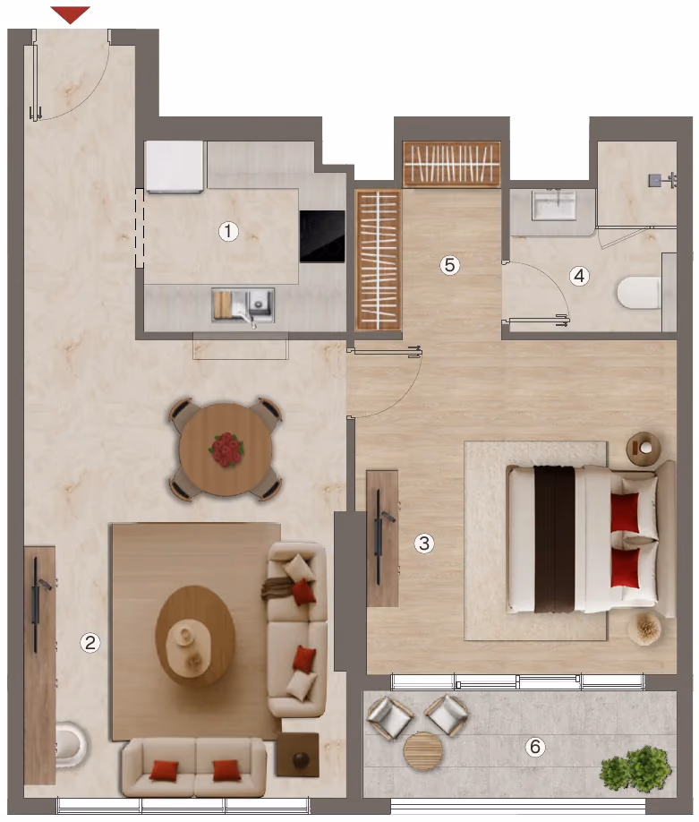תוכנית חדר שינה אחד · 1 BHK - Type 5 ב־נדל"ן להשקעה BnW Ramada Residences, באזור Al Jaddaf, דובאי