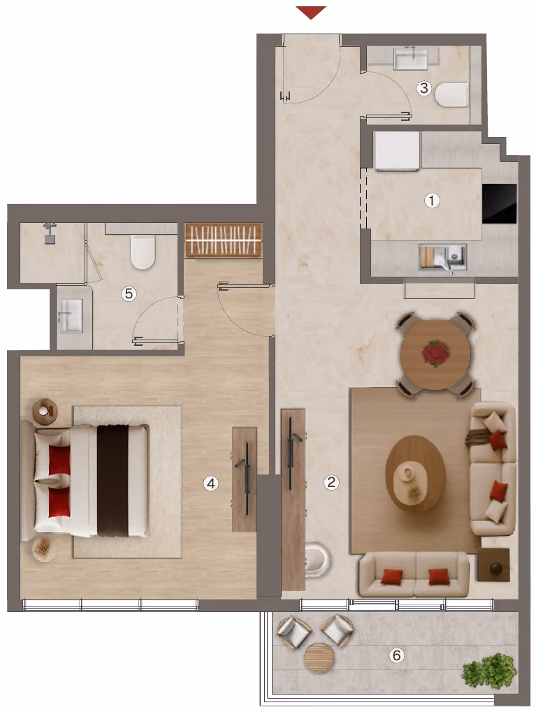 תוכנית חדר שינה אחד · 1 BHK - Type 6 ב־נדל"ן להשקעה BnW Ramada Residences, באזור Al Jaddaf, דובאי