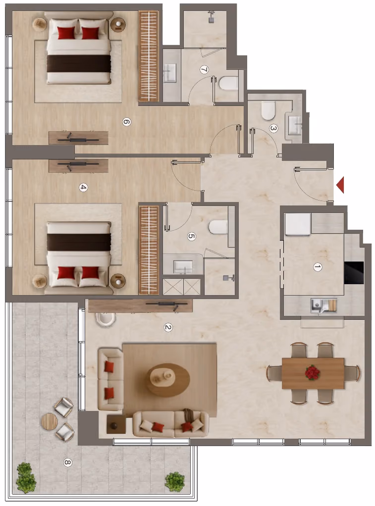 תוכנית 2 חדרי שינה · 2 BHK - Type 1 ב־נדל"ן להשקעה BnW Ramada Residences, באזור Al Jaddaf, דובאי