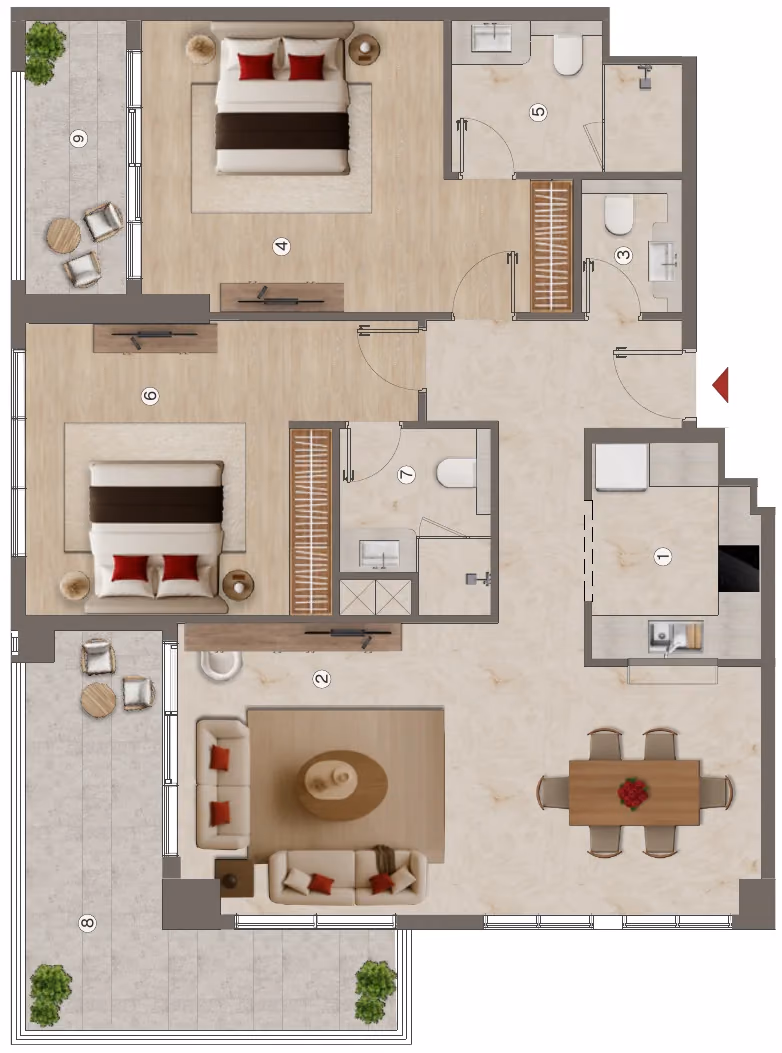 תוכנית 2 חדרי שינה · 2 BHK - Type 2 ב־נדל"ן להשקעה BnW Ramada Residences, באזור Al Jaddaf, דובאי