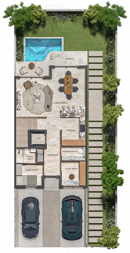 תוכנית 4 חדרי שינה · טאון האוס · The Highclere, corner unit ב־וילות להשקעה LEOS Knightsbridge, באזור Meydan, דובאי (קומת קרקע)