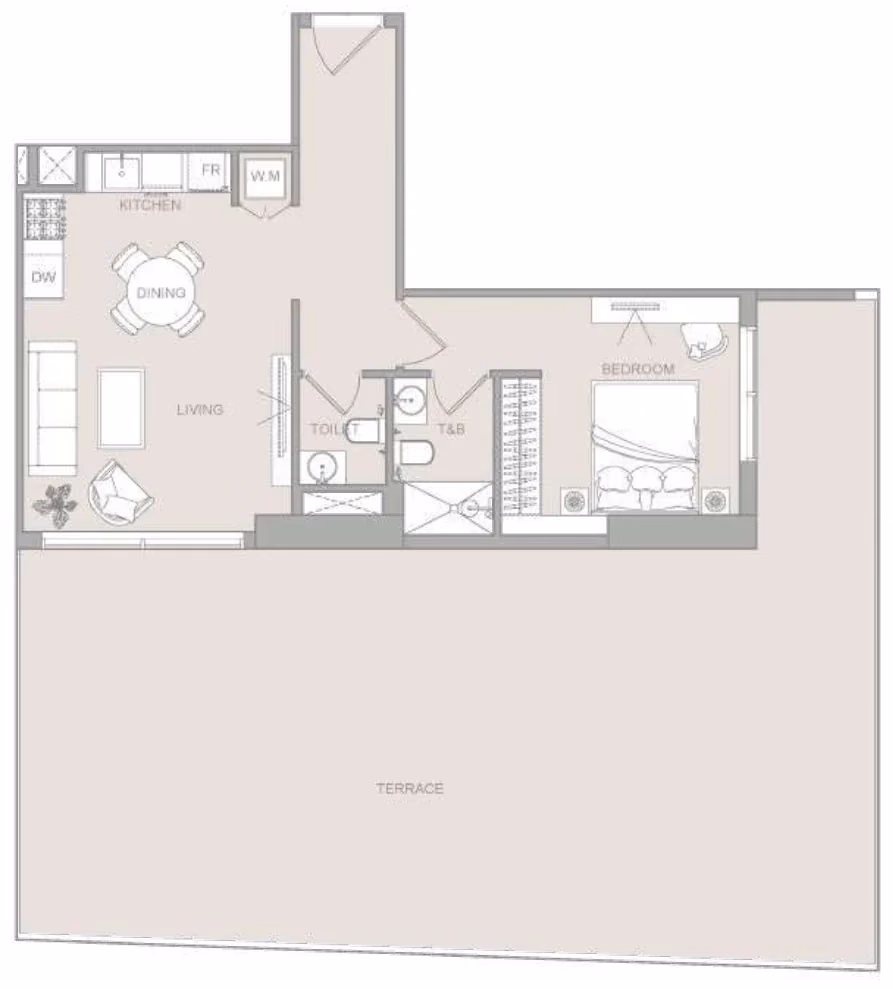 תוכנית חדר שינה אחד · 1 BR Type 1 ב־נדל"ן להשקעה ELAR1S Sky, באזור JVT, דובאי