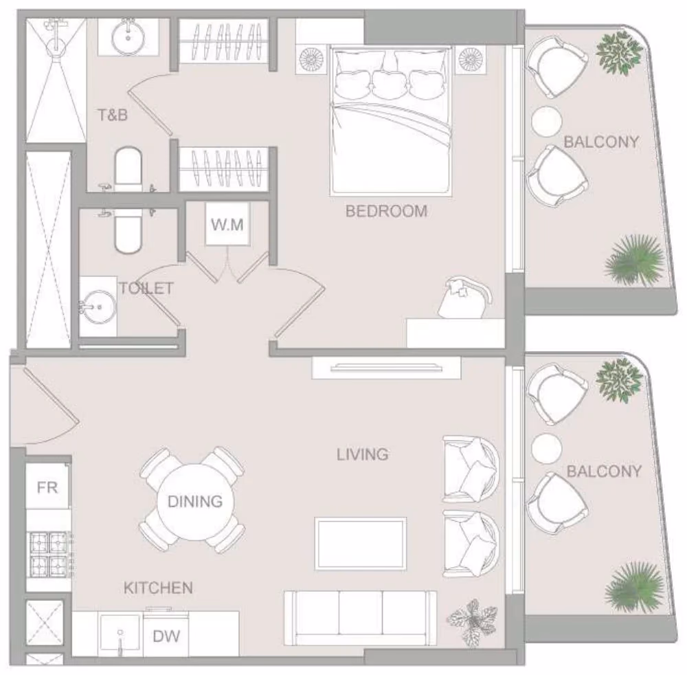 תוכנית חדר שינה אחד · 1 BR Type 12 ב־נדל"ן להשקעה ELAR1S Sky, באזור JVT, דובאי