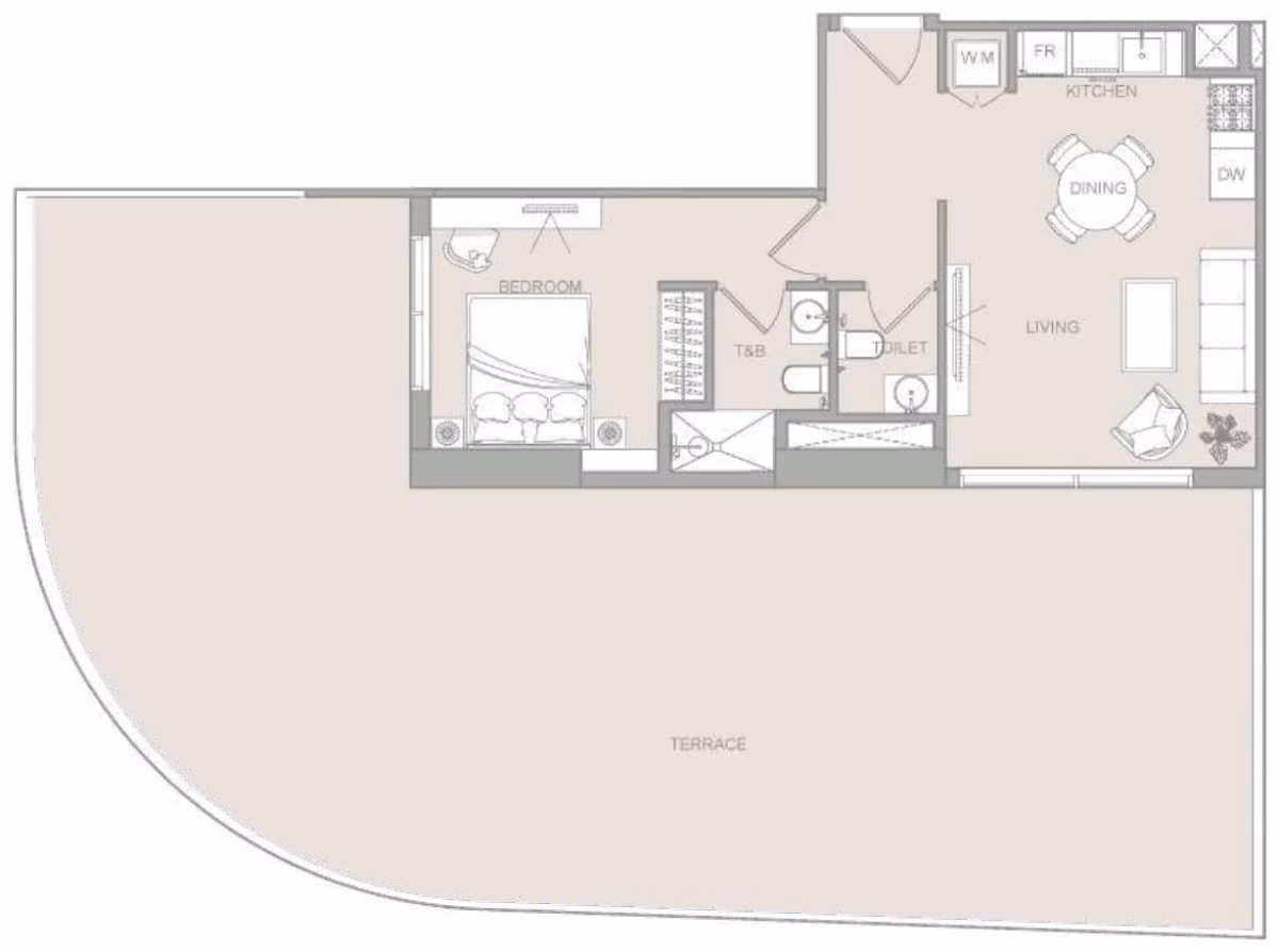 תוכנית חדר שינה אחד · 1 BR Type 2 ב־נדל"ן להשקעה ELAR1S Sky, באזור JVT, דובאי