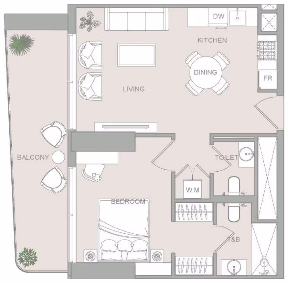 תוכנית חדר שינה אחד · 1 BR Type 21 ב־נדל"ן להשקעה ELAR1S Sky, באזור JVT, דובאי