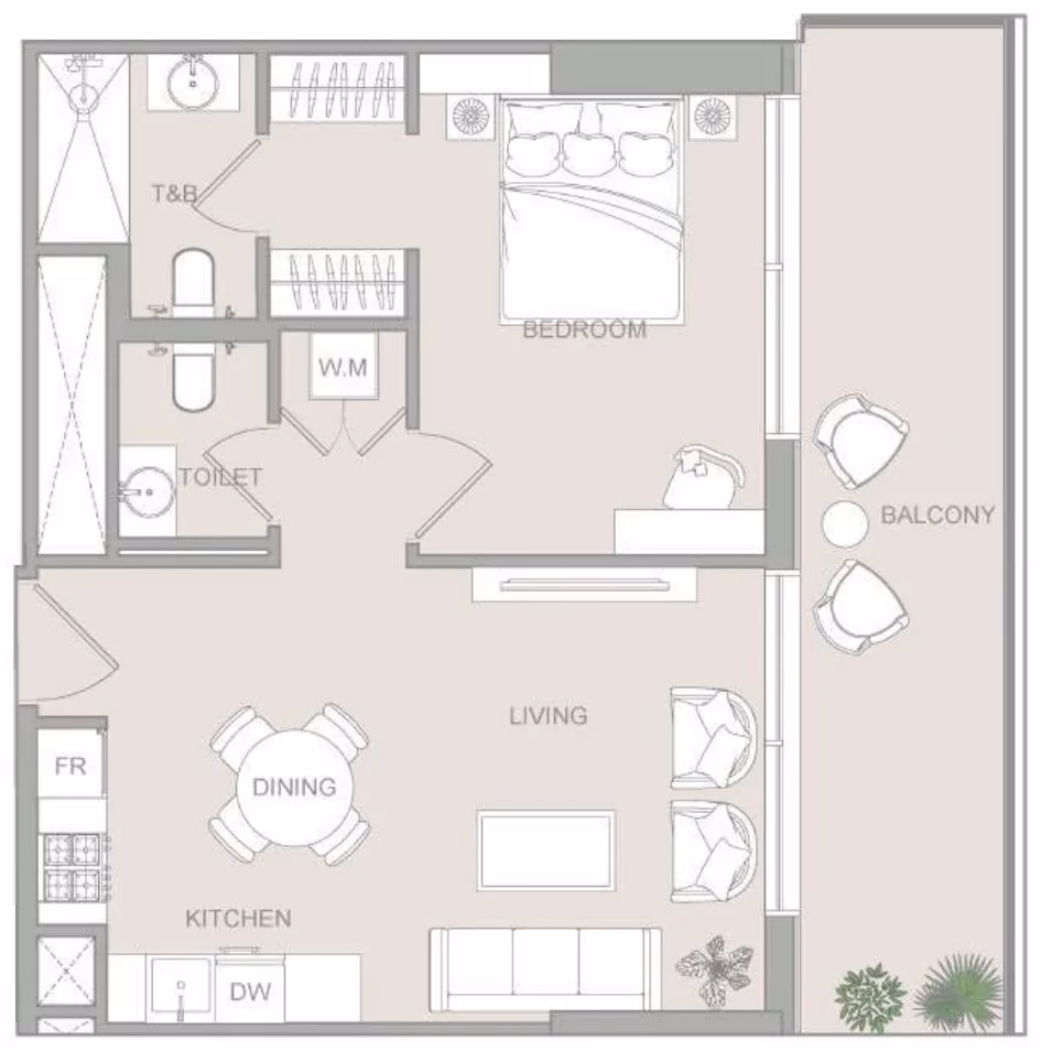 תוכנית חדר שינה אחד · 1 BR Type 22 ב־נדל"ן להשקעה ELAR1S Sky, באזור JVT, דובאי