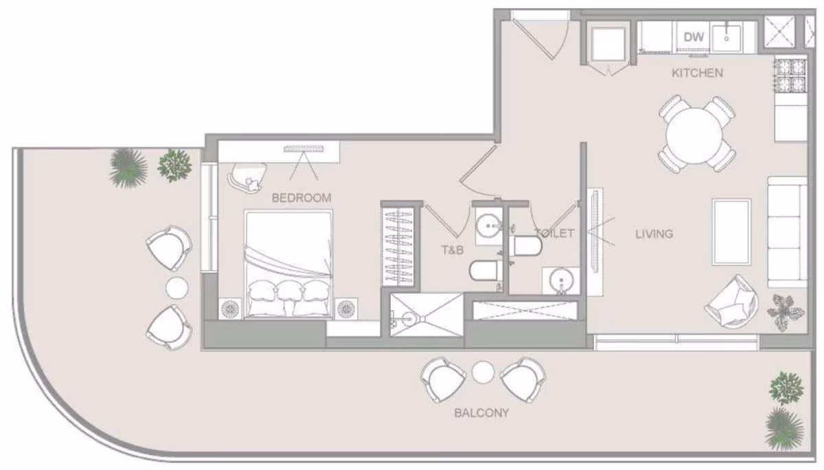 תוכנית חדר שינה אחד · 1 BR Type 28 ב־נדל"ן להשקעה ELAR1S Sky, באזור JVT, דובאי
